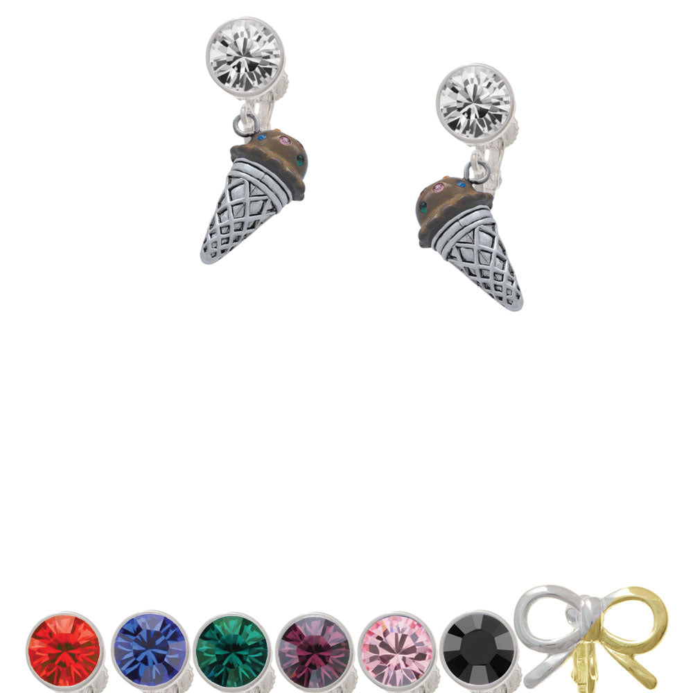 3-D Resin Brown Ice Cream Cone with Crystals Crystal Clip On Earrings Image 1