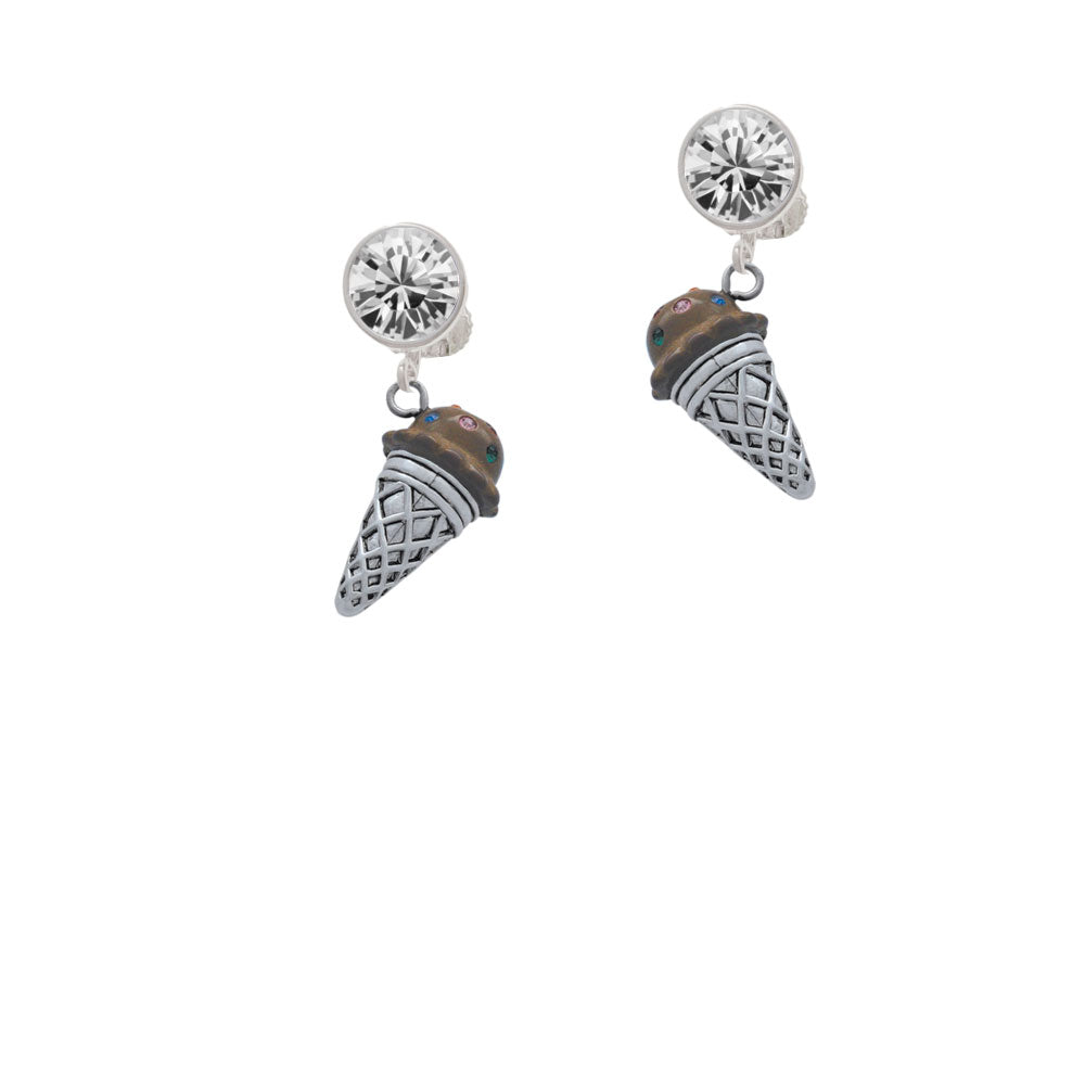 3-D Resin Brown Ice Cream Cone with Crystals Crystal Clip On Earrings Image 2