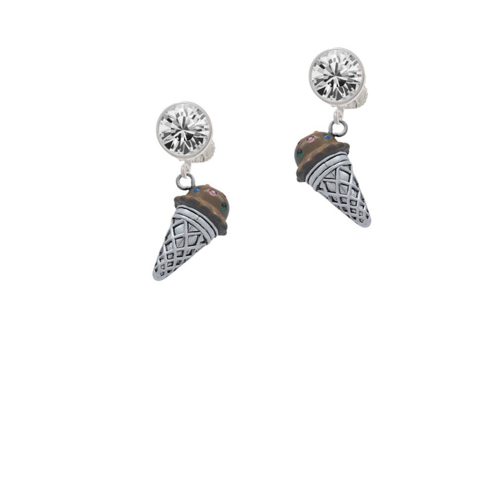 3-D Resin Brown Ice Cream Cone with Crystals Crystal Clip On Earrings Image 1