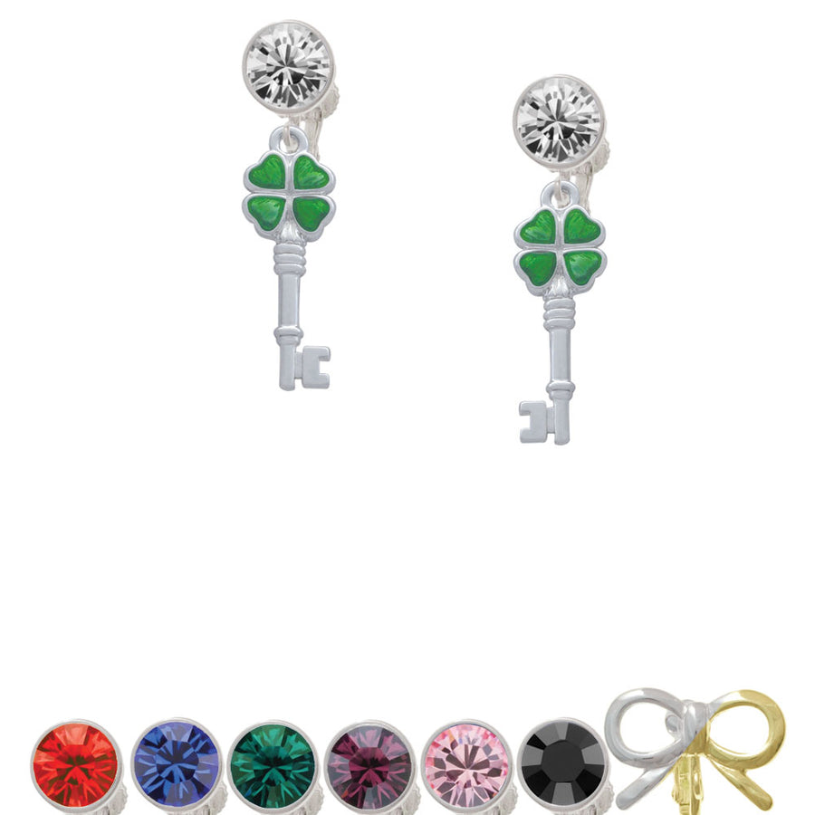 Translucent Green Lucky Four Leaf Clover Key Crystal Clip On Earrings Image 1