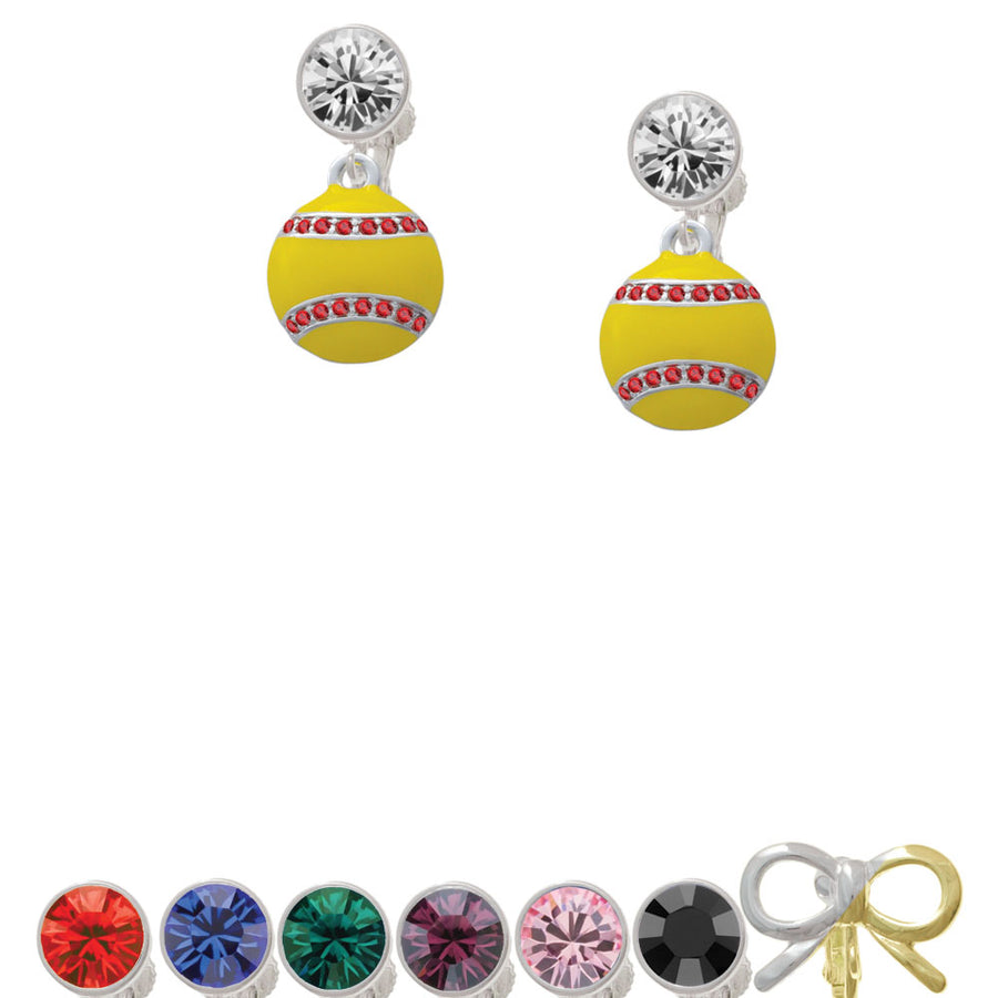 Optic Yellow Softball with Red Crystal Stitching Crystal Clip On Earrings Image 1