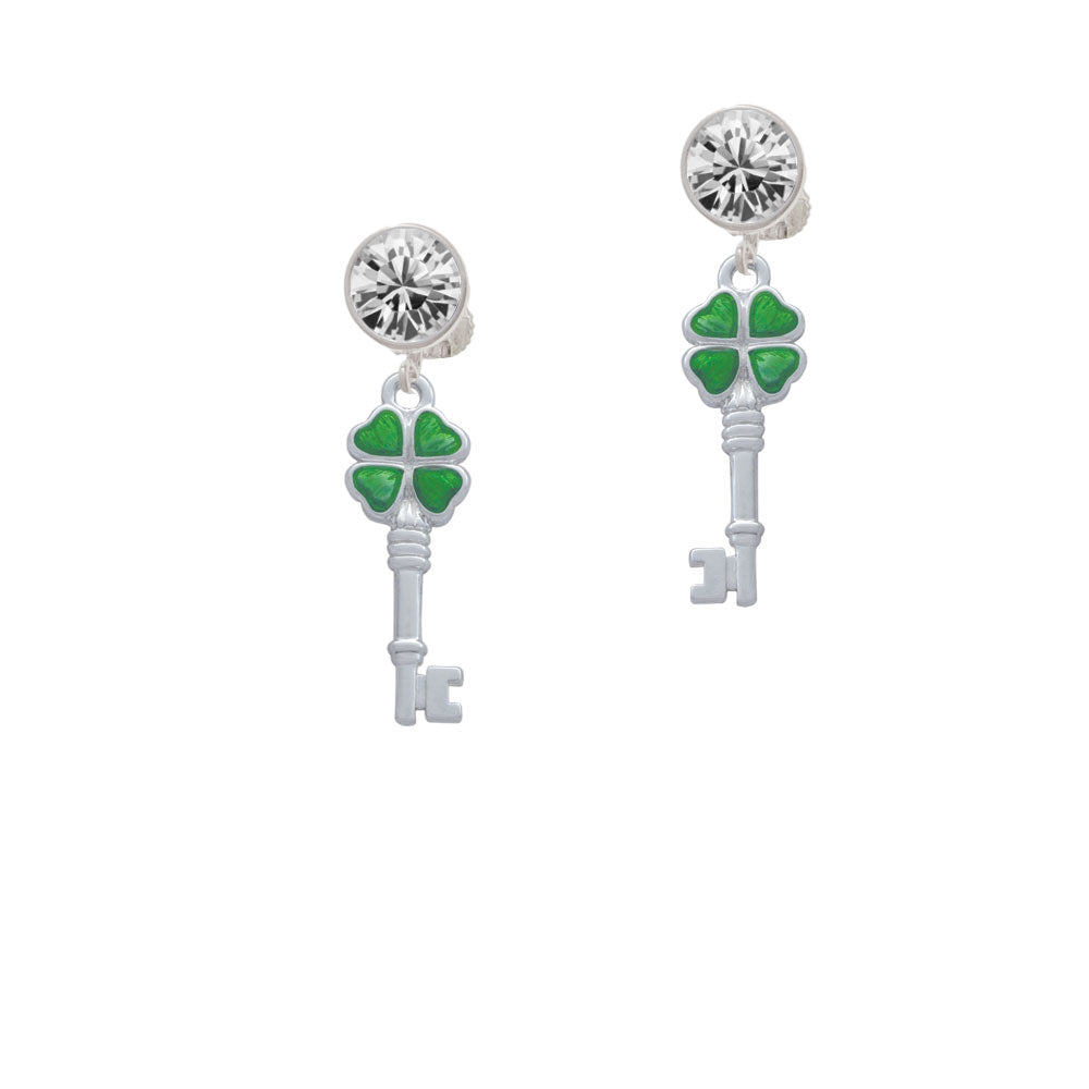 Translucent Green Lucky Four Leaf Clover Key Crystal Clip On Earrings Image 2