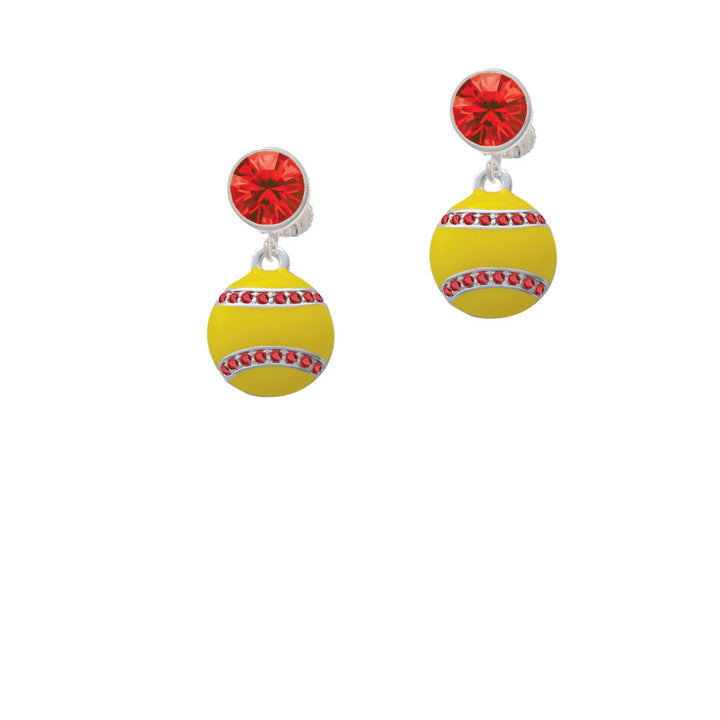 Optic Yellow Softball with Red Crystal Stitching Crystal Clip On Earrings Image 4