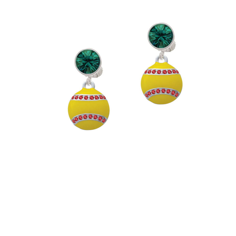 Optic Yellow Softball with Red Crystal Stitching Crystal Clip On Earrings Image 6