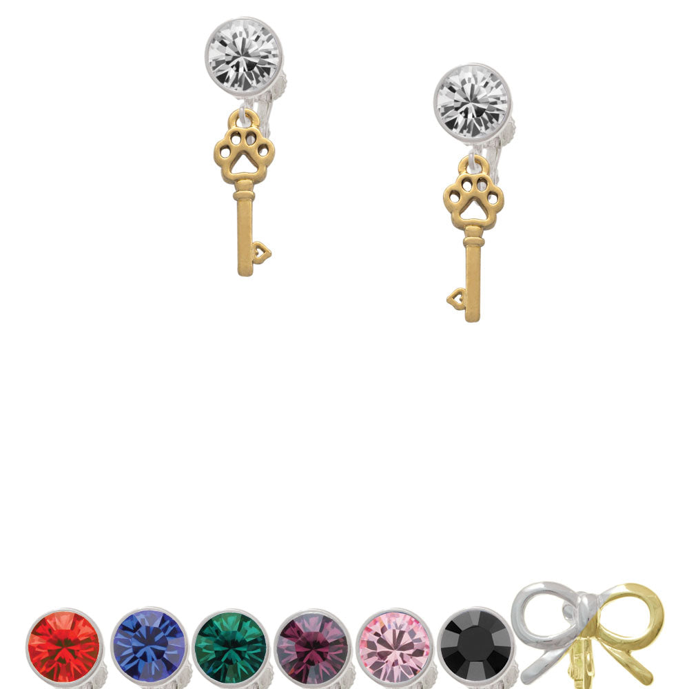 Small Gold Tone Open Paw Key Crystal Clip On Earrings Image 1