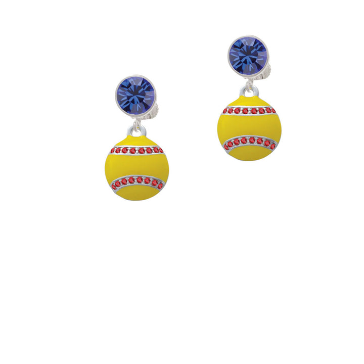 Optic Yellow Softball with Red Crystal Stitching Crystal Clip On Earrings Image 7