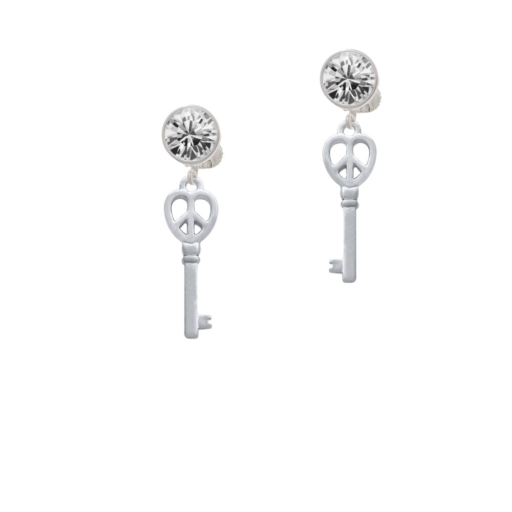 Open Peace Heart Key Crystal Clip On Earrings Image 2