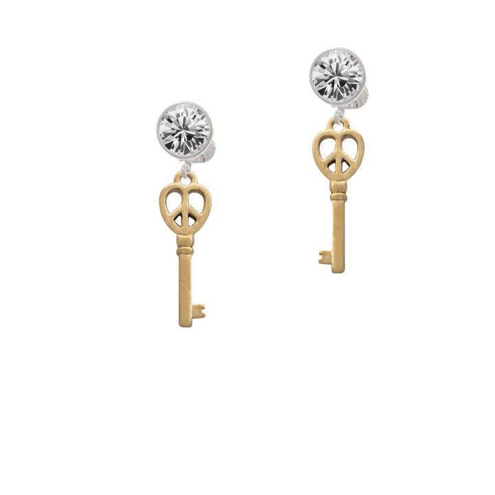 Gold Tone Open Peace Heart Key Crystal Clip On Earrings Image 2