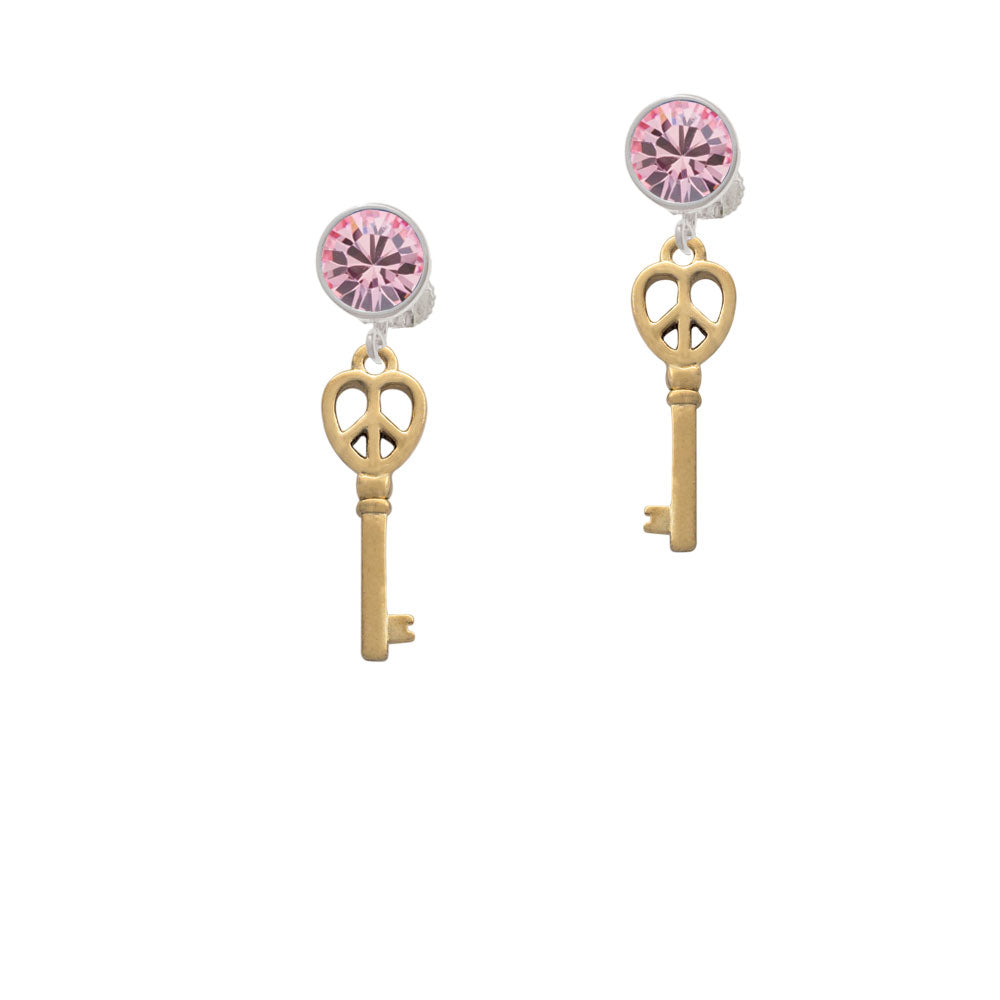 Gold Tone Open Peace Heart Key Crystal Clip On Earrings Image 4