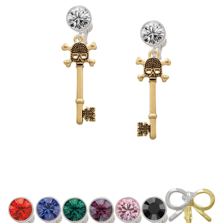 Antiqued Gold Tone Beaded Skull Key Crystal Clip On Earrings Image 1