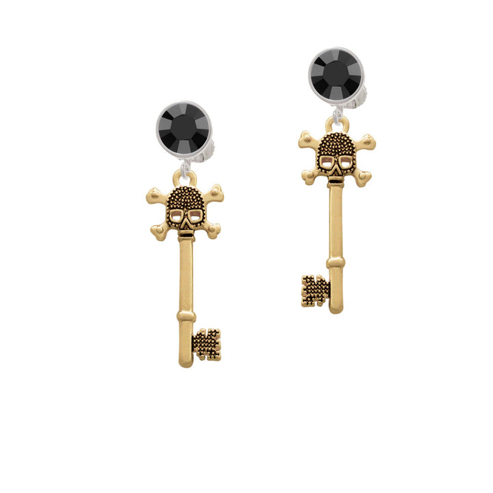 Antiqued Gold Tone Beaded Skull Key Crystal Clip On Earrings Image 3