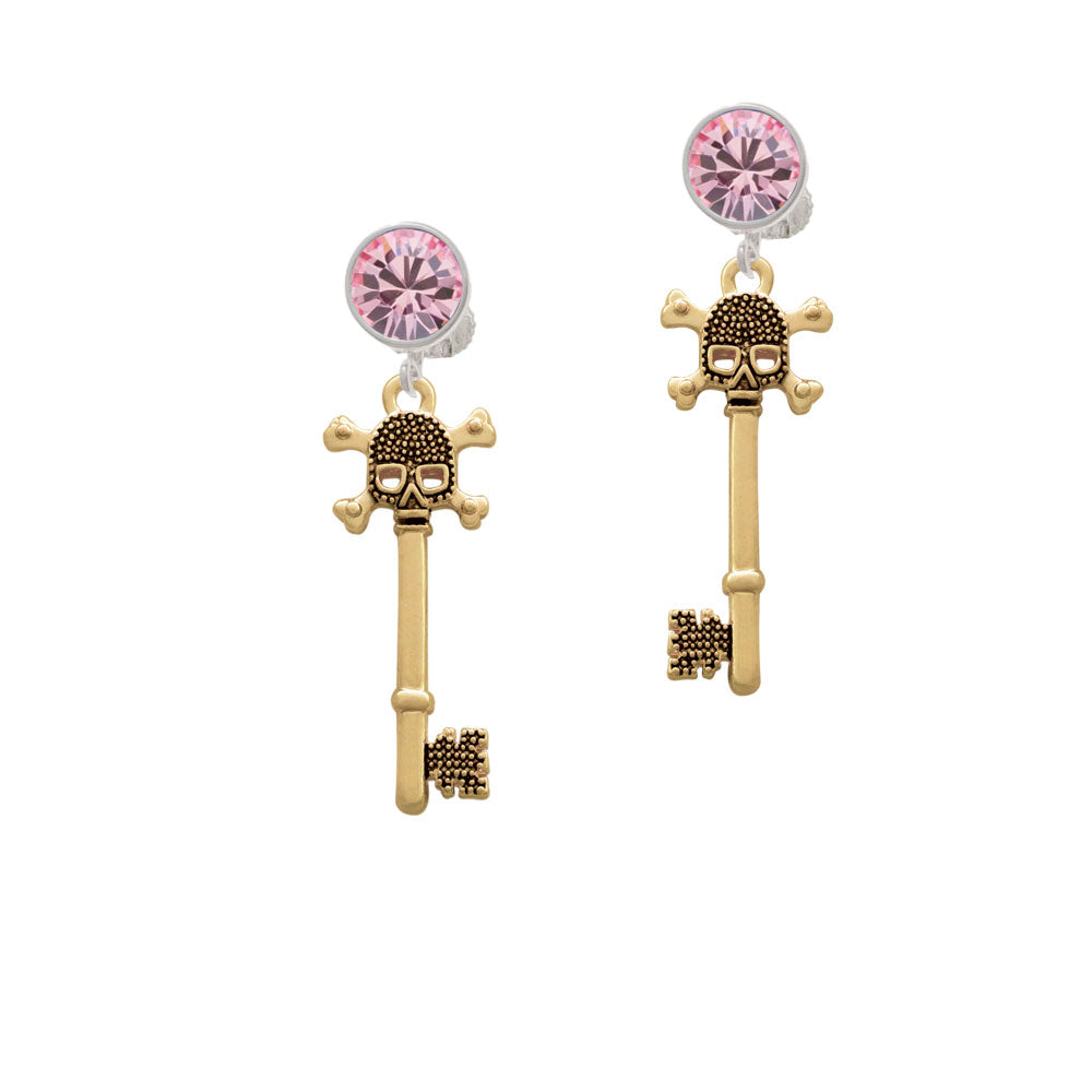 Antiqued Gold Tone Beaded Skull Key Crystal Clip On Earrings Image 4