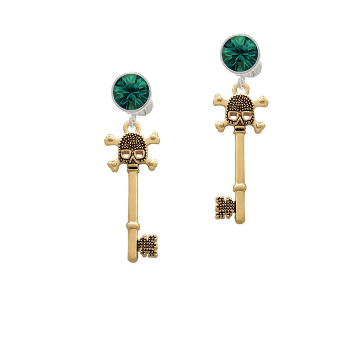 Antiqued Gold Tone Beaded Skull Key Crystal Clip On Earrings Image 6