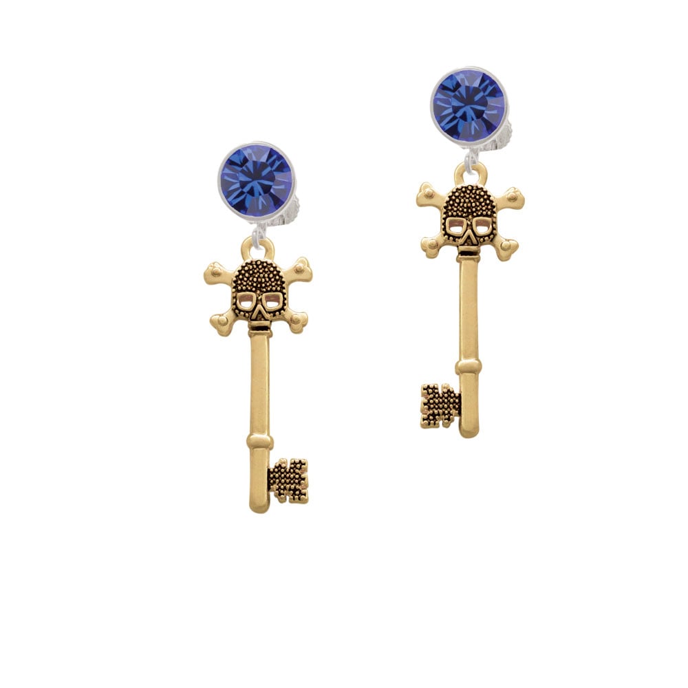 Antiqued Gold Tone Beaded Skull Key Crystal Clip On Earrings Image 1