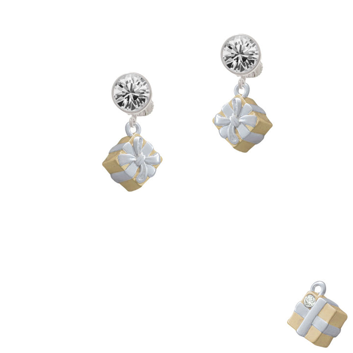 3-D Gold Tone Present with Crystal Crystal Clip On Earrings Image 2