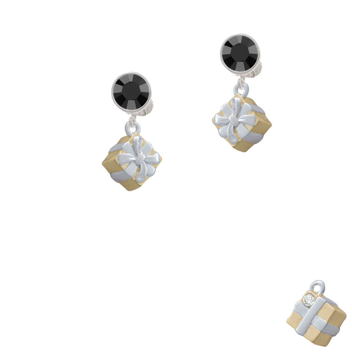 3-D Gold Tone Present with Crystal Crystal Clip On Earrings Image 3