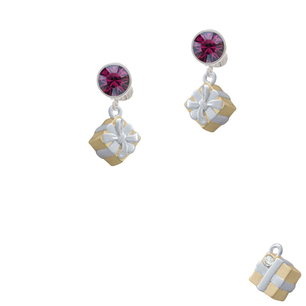 3-D Gold Tone Present with Crystal Crystal Clip On Earrings Image 8