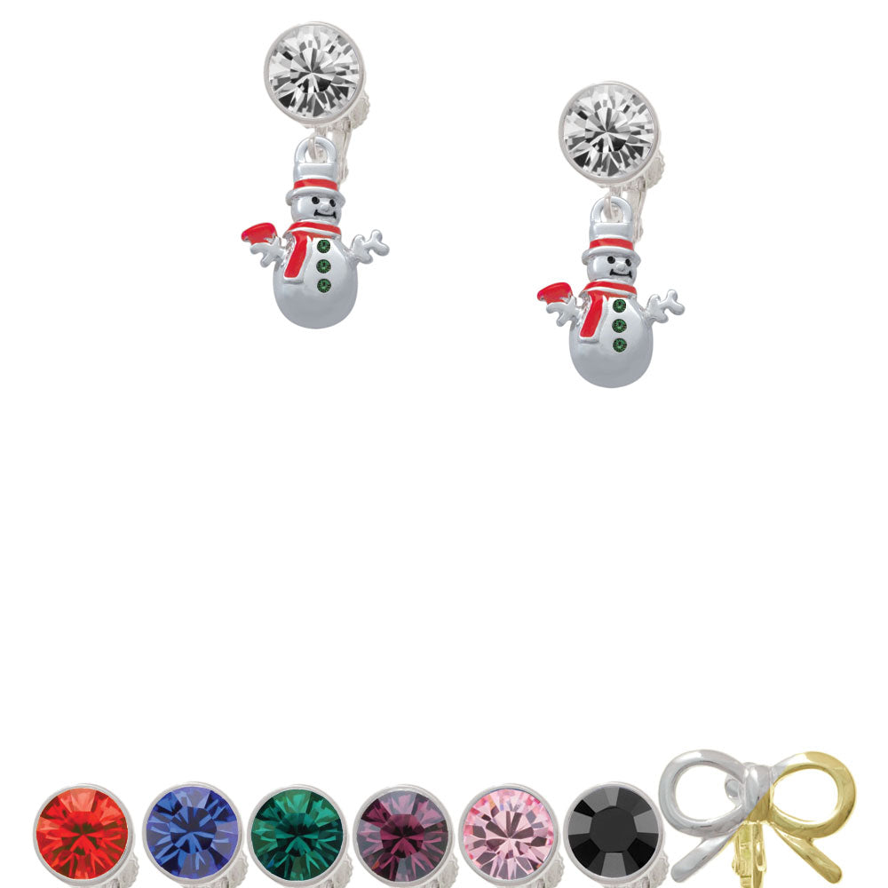 Snowman with Red Scarf and Green Buttons Crystal Clip On Earrings Image 1