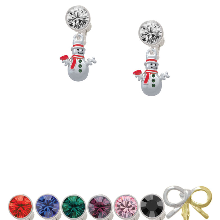 Snowman with Red Scarf and Green Buttons Crystal Clip On Earrings Image 1