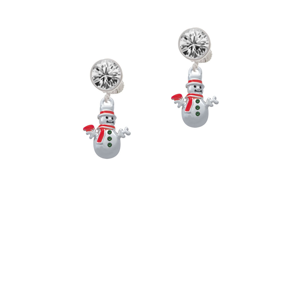 Snowman with Red Scarf and Green Buttons Crystal Clip On Earrings Image 2