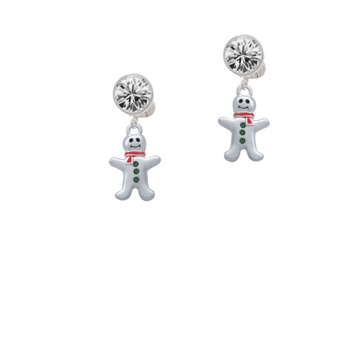 Gingerbread Man with Red Scarf and Green Buttons Crystal Clip On Earrings Image 2