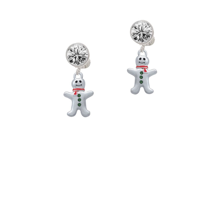 Gingerbread Man with Red Scarf and Green Buttons Crystal Clip On Earrings Image 1