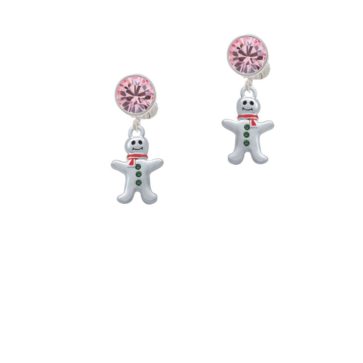 Gingerbread Man with Red Scarf and Green Buttons Crystal Clip On Earrings Image 4