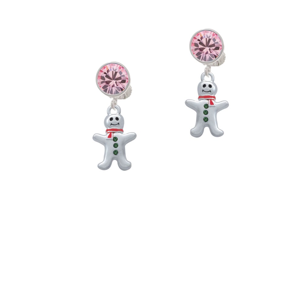 Gingerbread Man with Red Scarf and Green Buttons Crystal Clip On Earrings Image 1