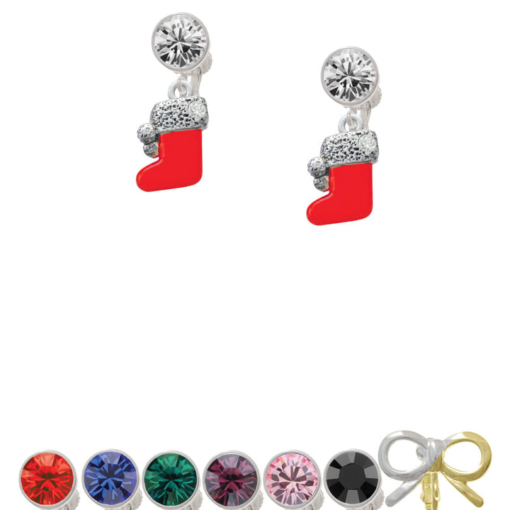 3-D Red Stocking with faux and Clear Crystal Crystal Clip On Earrings Image 1