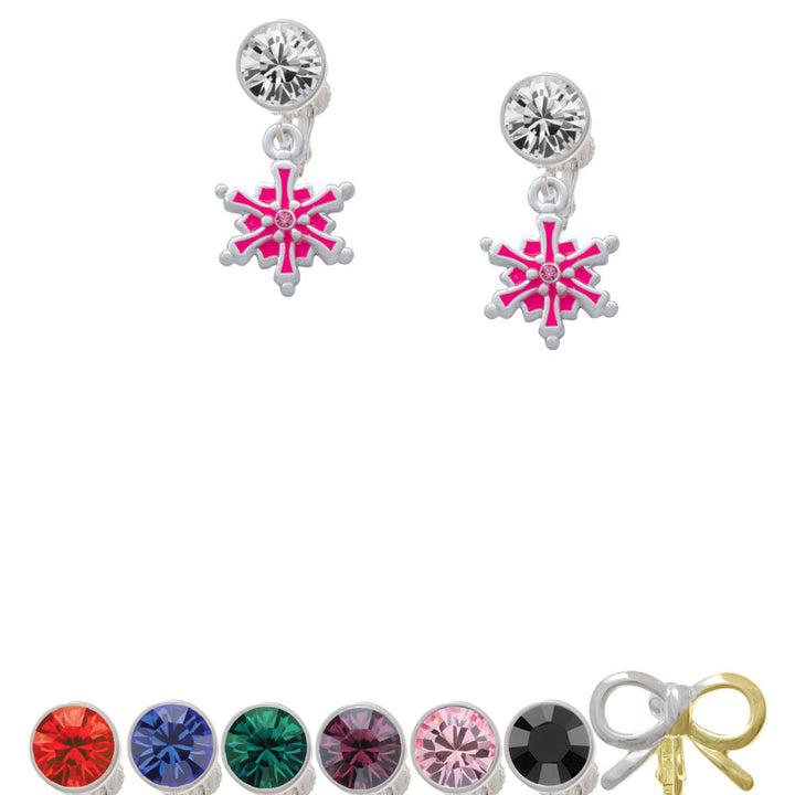 Hot Pink Snowflake with Hot Pink Crystal Crystal Clip On Earrings Image 1