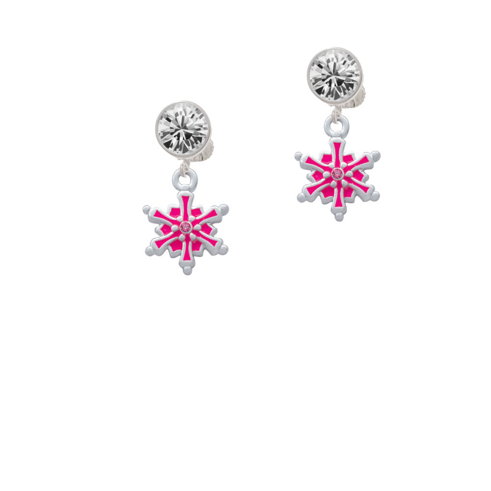 Hot Pink Snowflake with Hot Pink Crystal Crystal Clip On Earrings Image 2