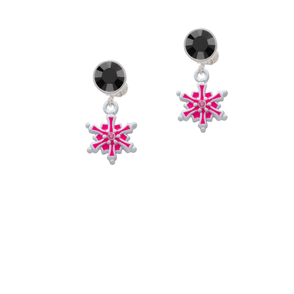 Hot Pink Snowflake with Hot Pink Crystal Crystal Clip On Earrings Image 3