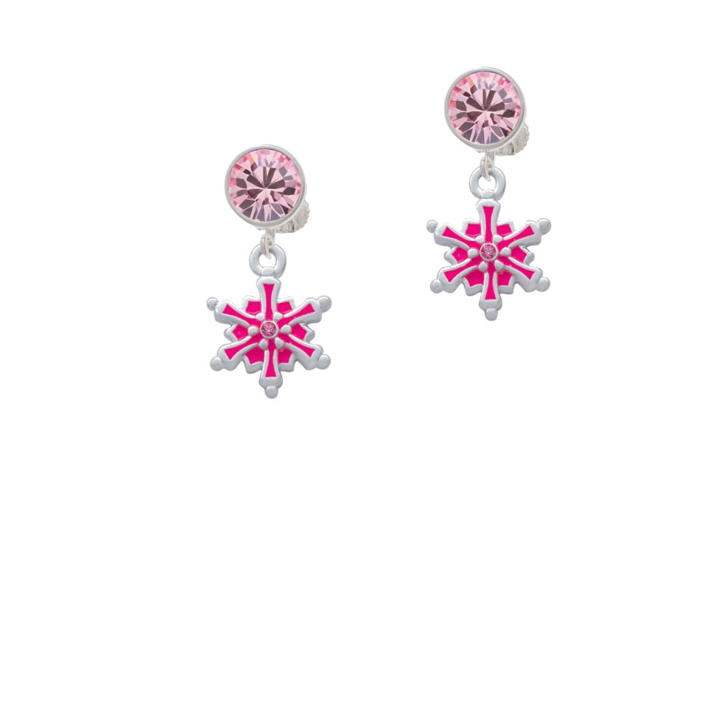 Hot Pink Snowflake with Hot Pink Crystal Crystal Clip On Earrings Image 1