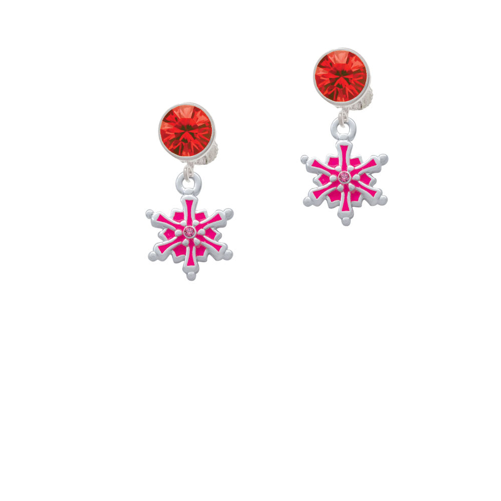 Hot Pink Snowflake with Hot Pink Crystal Crystal Clip On Earrings Image 4