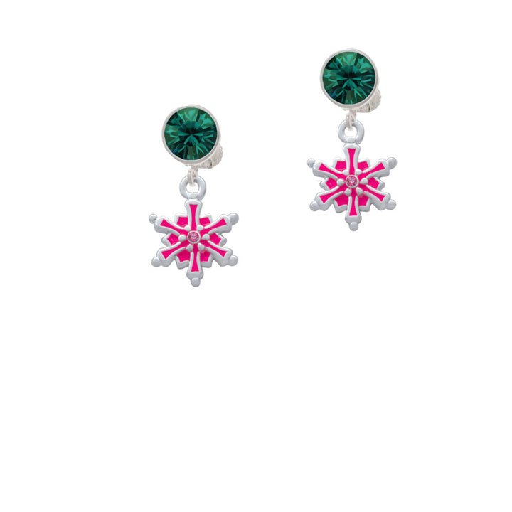 Hot Pink Snowflake with Hot Pink Crystal Crystal Clip On Earrings Image 6