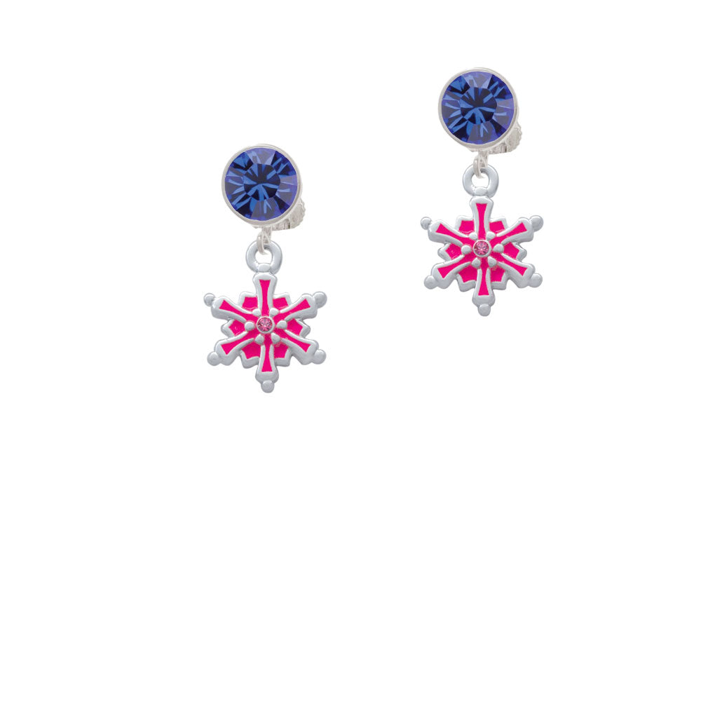 Hot Pink Snowflake with Hot Pink Crystal Crystal Clip On Earrings Image 7