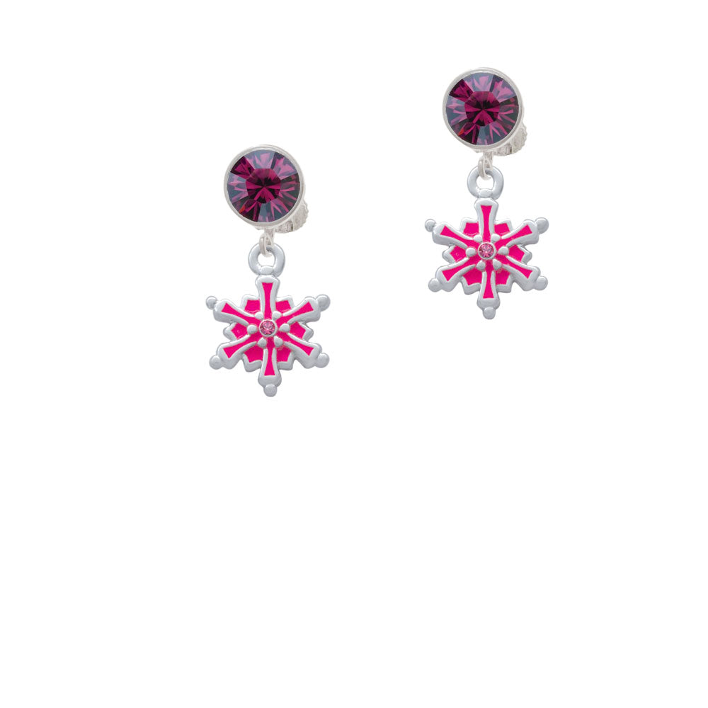 Hot Pink Snowflake with Hot Pink Crystal Crystal Clip On Earrings Image 8