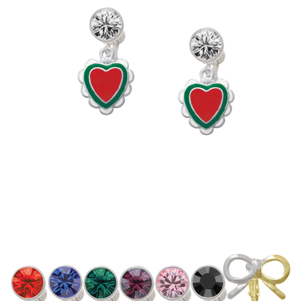 Red and Green Heart with White Ruffles Crystal Clip On Earrings Image 1