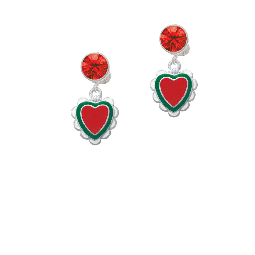 Red and Green Heart with White Ruffles Crystal Clip On Earrings Image 4