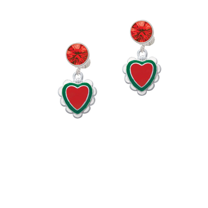 Red and Green Heart with White Ruffles Crystal Clip On Earrings Image 4