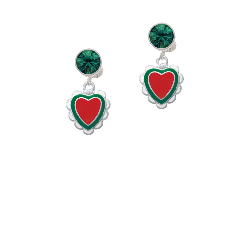 Red and Green Heart with White Ruffles Crystal Clip On Earrings Image 6