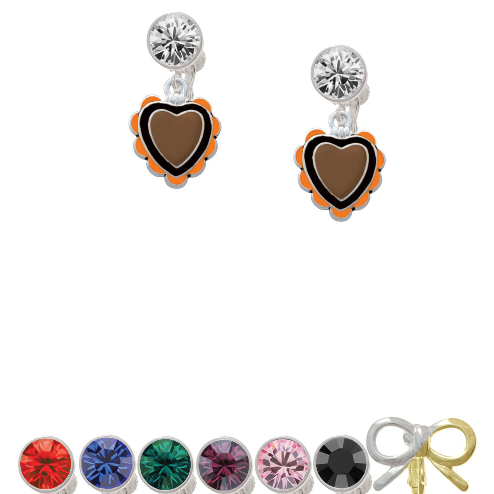 Brown and Black Heart with Orange Ruffles Crystal Clip On Earrings Image 1