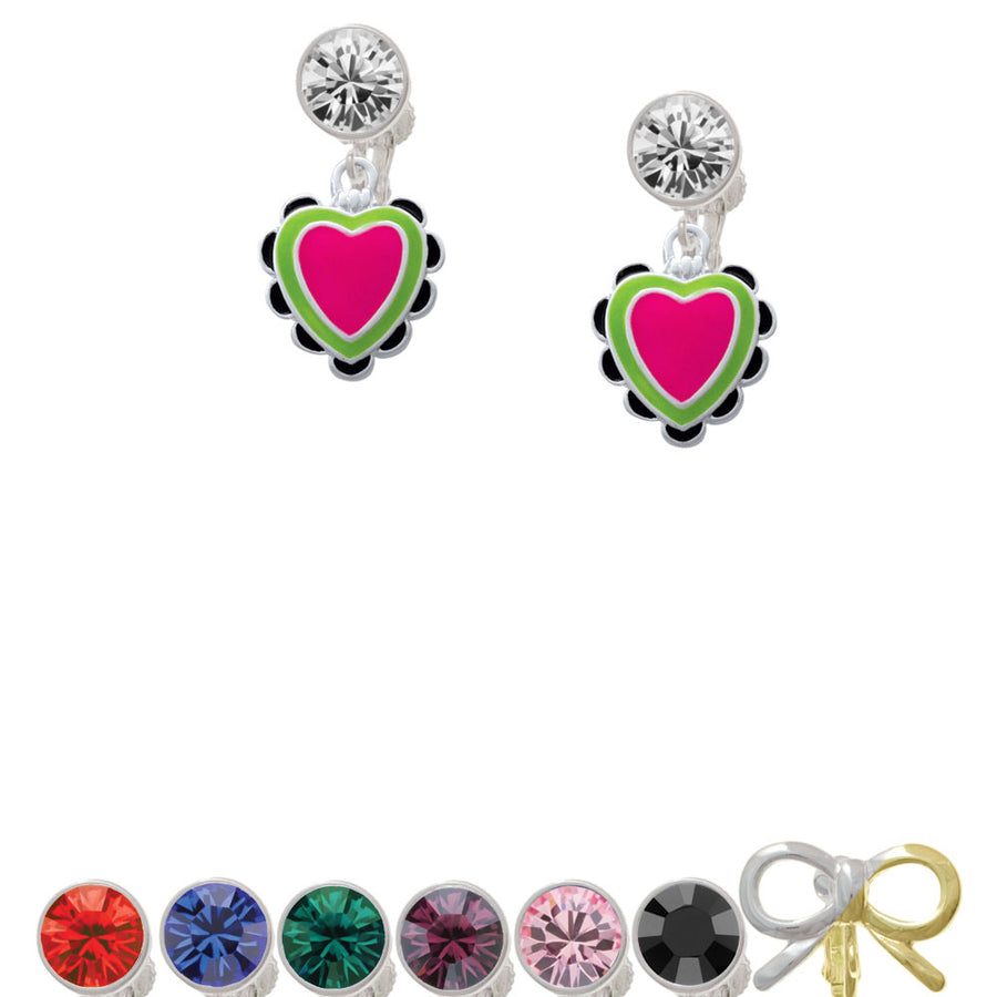 Hot Pink and Lime Green Heart with Black Ruffles Crystal Clip On Earrings Image 1