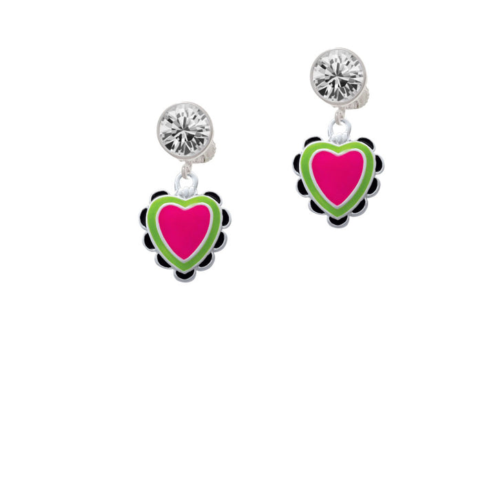 Hot Pink and Lime Green Heart with Black Ruffles Crystal Clip On Earrings Image 2