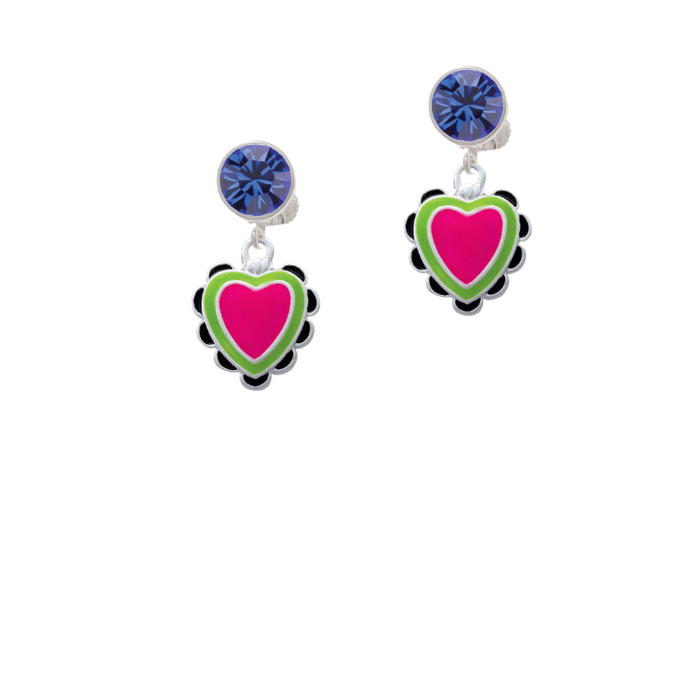 Hot Pink and Lime Green Heart with Black Ruffles Crystal Clip On Earrings Image 7