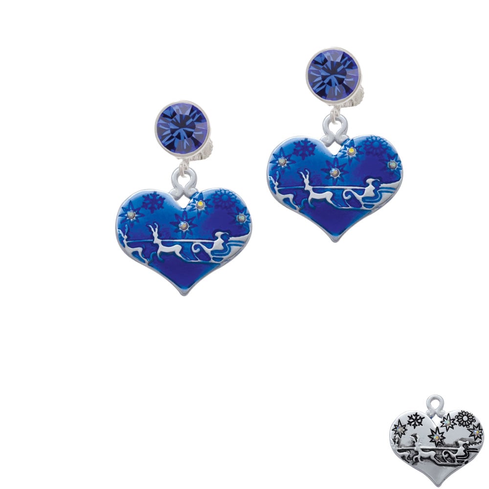 Large Blue Flying Santa Heart with AB Crystals Crystal Clip On Earrings Image 1