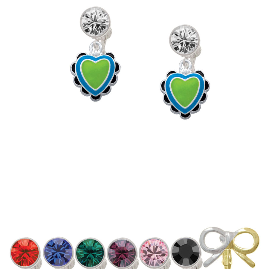 Lime Green and Hot Blue Heart with Black Ruffles Crystal Clip On Earrings Image 1