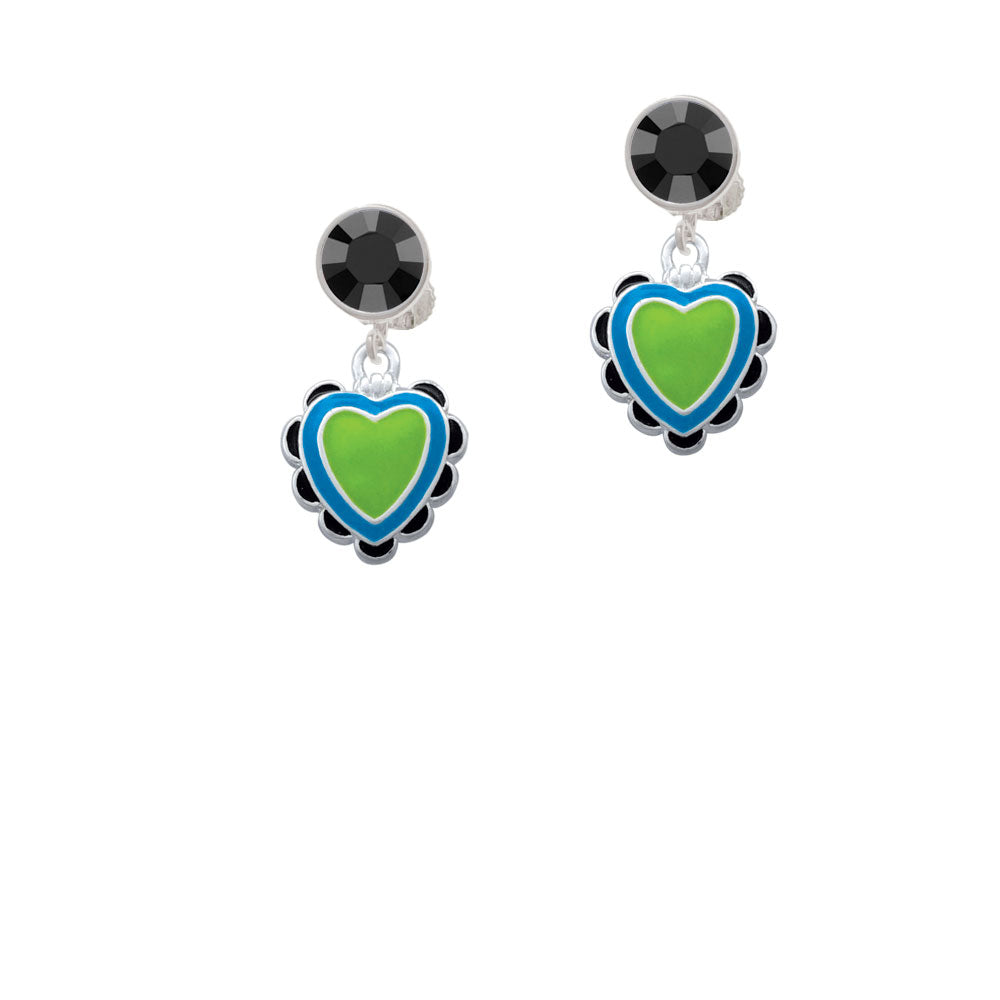 Lime Green and Hot Blue Heart with Black Ruffles Crystal Clip On Earrings Image 3