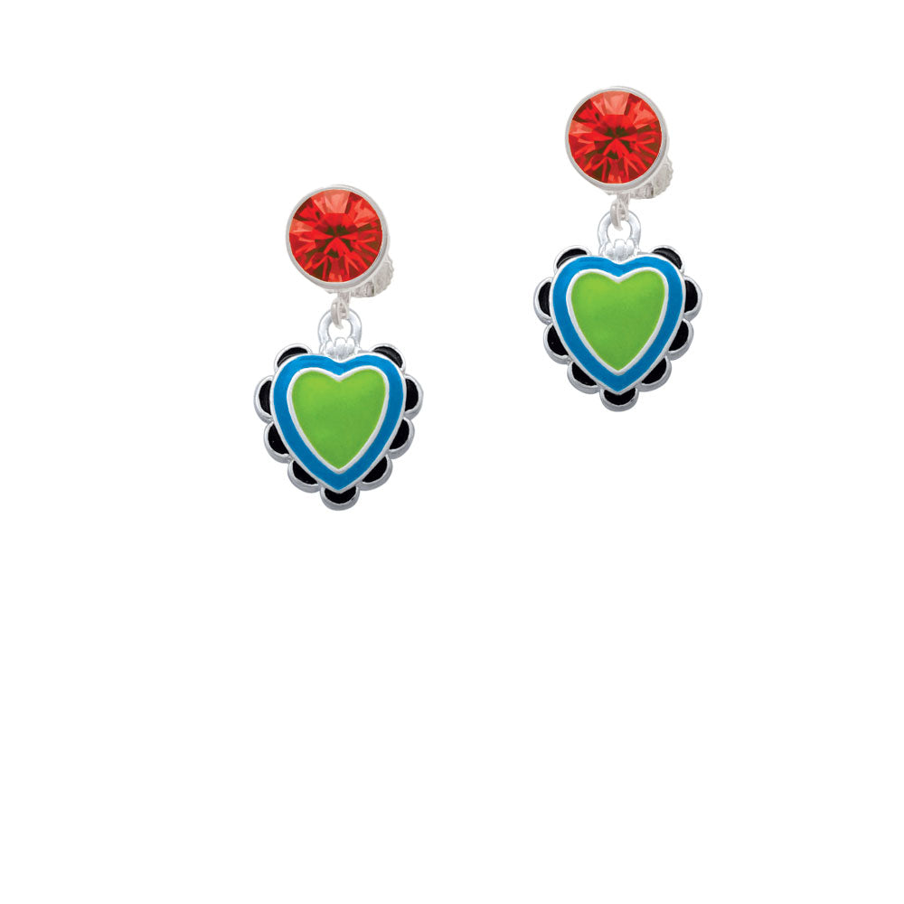 Lime Green and Hot Blue Heart with Black Ruffles Crystal Clip On Earrings Image 4