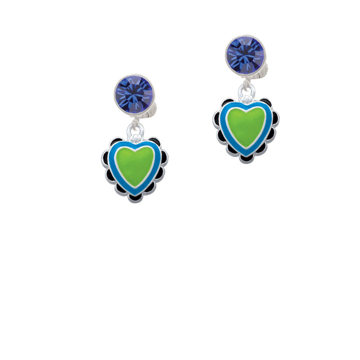 Lime Green and Hot Blue Heart with Black Ruffles Crystal Clip On Earrings Image 7